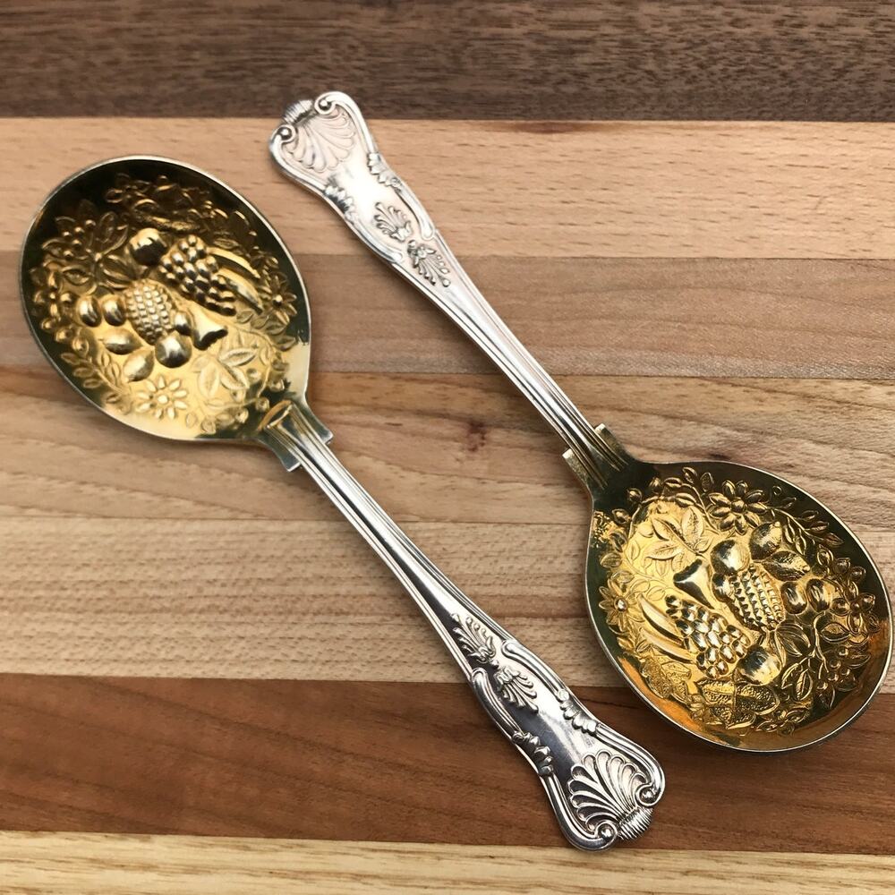 2 W. A. Sheffield KING Silverplate Gold Wash Jelly Spoons - fruit embossed